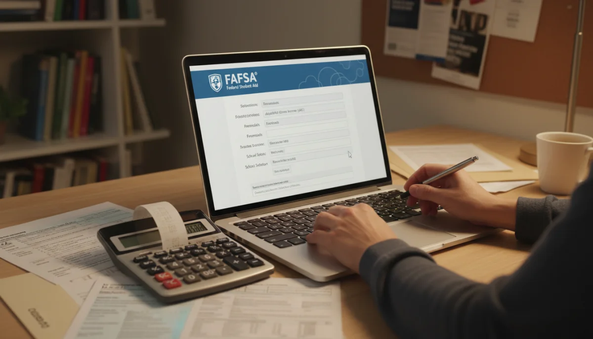 Hands completing FAFSA form on laptop, symbolizing financial aid application.