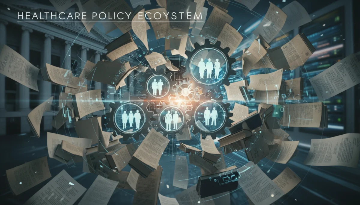 Interconnected policy documents and legislative texts with gears, symbolizing healthcare policy implementation