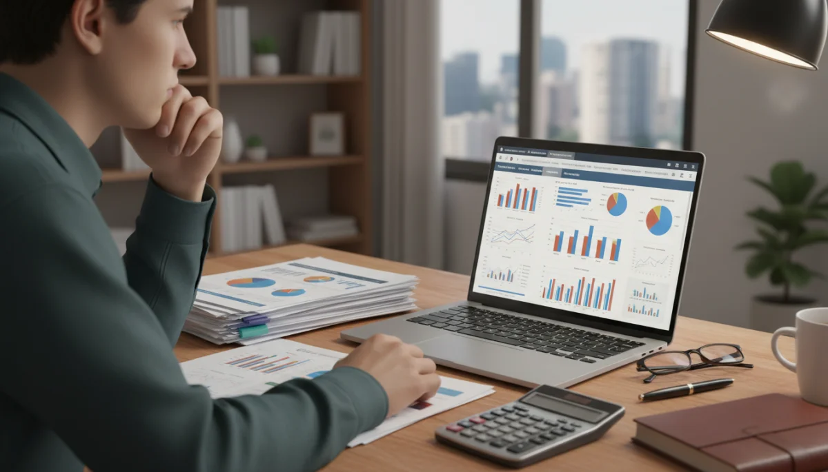 Individual reviewing student loan documents and financial charts on a laptop